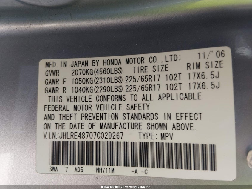 2007 Honda Cr-v VIN JHLRE48707C029267 IAAI salvage auction — FRONT END, Salvage (California), sold $1,600 on 2026-08-01 (photo 9)