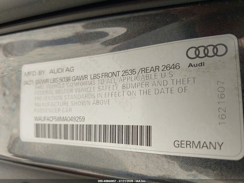 2021 Audi A5 VIN WAUFACF58MA049259 IAAI salvage auction — FRONT END, Salvage Title, sold $10,750 on 2026-08-24 (photo 9)