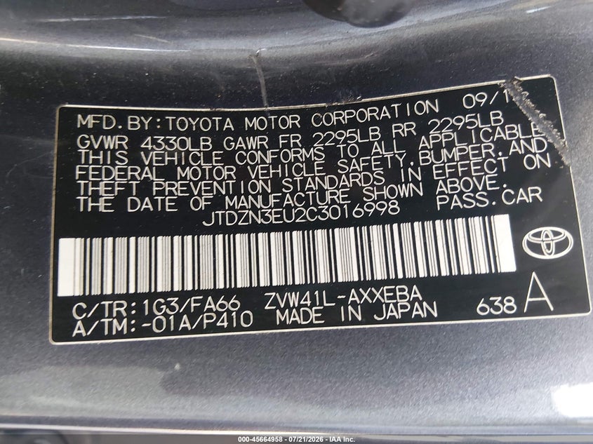 2012 Toyota Prius v VIN JTDZN3EU2C3016998 IAAI salvage auction — FRONT END, Bill Of Sale (Georgia), sold $1,000 on 2026-07-23 (photo 9)
