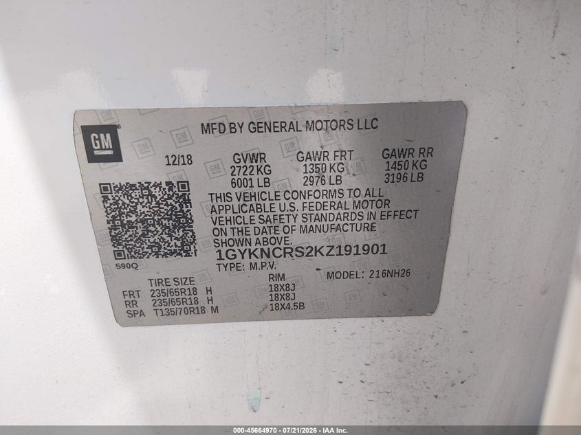 2019 Cadillac Xt5 VIN 1GYKNCRS2KZ191901 IAAI salvage auction — FRONT END, Wait Title, sold $4,200 on 2026-09-01 (photo 9)