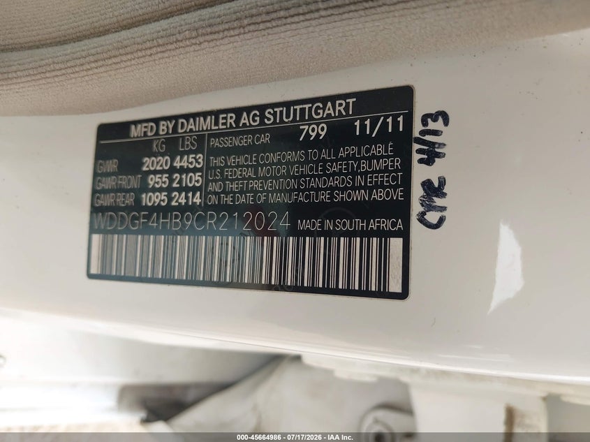 2012 Mercedes-benz C-klasse VIN WDDGF4HB9CR212024 IAAI salvage auction — REPOSSESSION, Original (Texas), sold $550 on 2026-07-23 (photo 9)