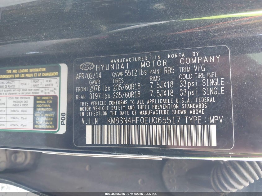 2014 Hyundai Santa fe VIN KM8SN4HF0EU065517 IAAI salvage auction — NORMAL WEAR, Clear (South Carolina), sold $650 on 2026-07-28 (photo 9)
