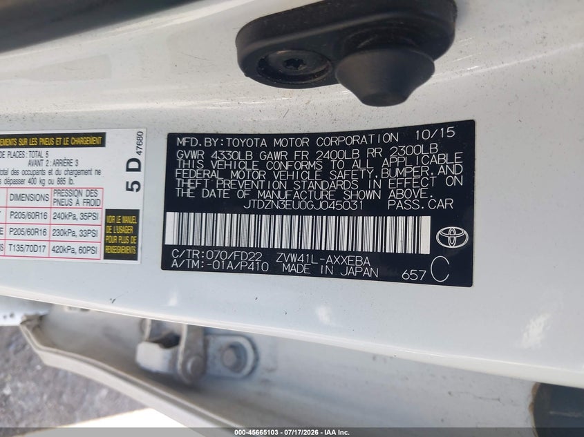 2016 Toyota Prius v VIN JTDZN3EU0GJ045031 IAAI salvage auction — FRONT END, Wait Title, sold $5,600 on 2026-08-22 (photo 9)