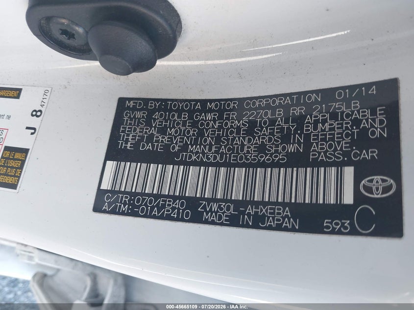 2014 Toyota Prius VIN JTDKN3DU1E0359695 IAAI salvage auction — NORMAL WEAR, Clear (Georgia), sold $1,600 on 2026-07-28 (photo 9)