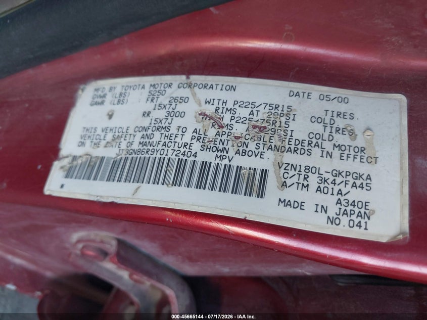2000 Toyota 4runner VIN JT3GN86R9Y0172404 IAAI salvage auction — NORMAL WEAR, Salvage Title - Dealer (California), sold $325 on 2026-07-28 (photo 9)