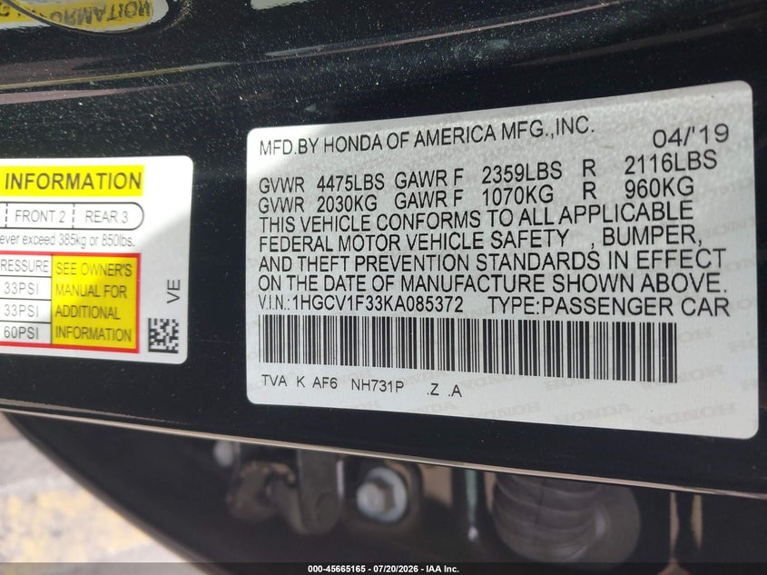 2019 Honda Accord VIN 1HGCV1F33KA085372 IAAI salvage auction — FRONT END, Salvage (California), sold $7,350 on 2026-07-27 (photo 9)