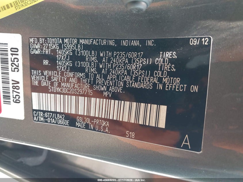2013 Toyota Sienna VIN 5TDYK3DC2DS297715 IAAI salvage auction — NORMAL WEAR, Clear (Pennsylvania), sold $3,800 on 2026-07-24 (photo 9)
