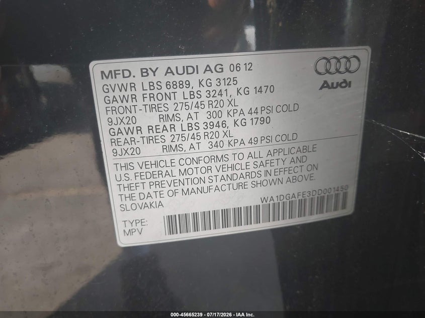 2013 Audi Q7 VIN WA1DGAFE3DD001450 IAAI salvage auction — NORMAL WEAR, Clear (Connecticut), sold $600 on 2026-07-23 (photo 9)