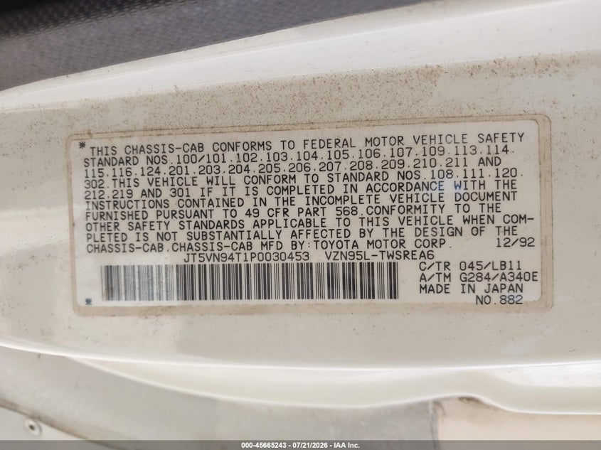 1993 Toyota Pickup VIN JT5VN94T1P0030453 IAAI salvage auction — NORMAL WEAR, Clear (Florida), sold $625 on 2026-07-29 (photo 9)