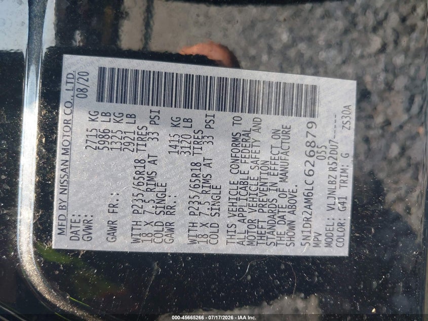 2020 Nissan Pathfinder VIN 5N1DR2AM6LC626879 IAAI salvage auction — NORMAL WEAR, Sf97 (New Jersey), sold $10,100 on 2026-08-31 (photo 9)