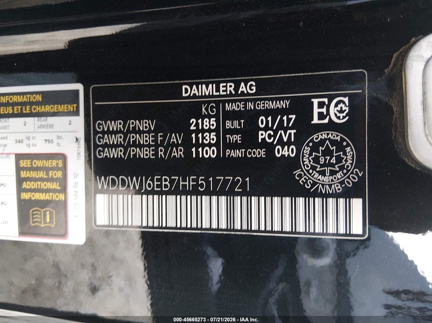 2017 Mercedes-benz VIN WDDWJ6EB7HF517721 IAAI salvage auction — FRONT END, Salvage (Ohio), sold $11,000 on 2026-08-02 (photo 9)