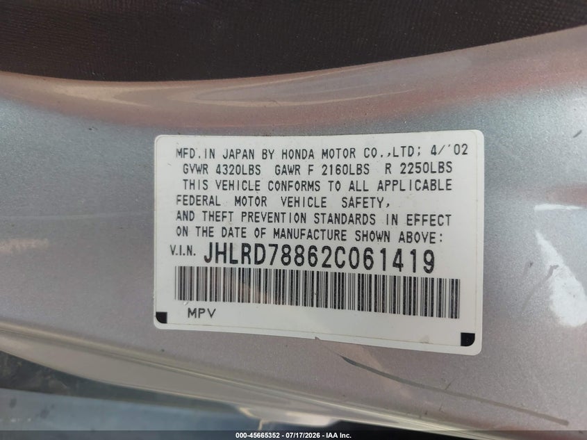 2002 Honda Cr-v VIN JHLRD78862C061419 IAAI salvage auction — NORMAL WEAR, Clear (Virginia), sold $25 on 2026-07-22 (photo 9)