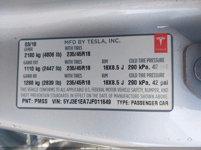 2018 Tesla Model 3 VIN 5YJ3E1EA7JF011649 IAAI salvage auction — FRONT END, Salvage (California), sold $4,850 on 2026-07-29 (photo 9)