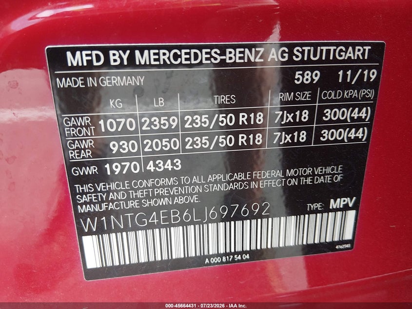 2020 Mercedes-benz Gla-klasse VIN W1NTG4EB6LJ697692 IAAI salvage auction — HAIL, Salvage Title, sold $10,200 on 2026-07-31 (photo 9)
