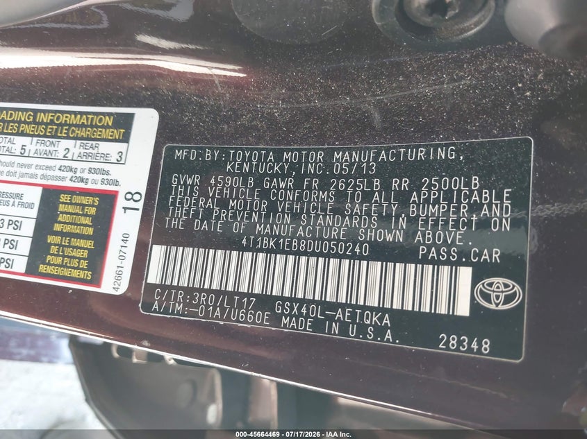 2013 Toyota Avalon VIN 4T1BK1EB8DU050240 IAAI salvage auction — FRONT END, Salvage (California), sold $1,350 on 2026-07-31 (photo 9)
