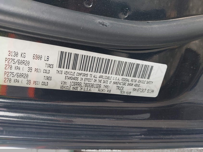 2016 Ram 1500 VIN 1C6RR6LT8GS361326 IAAI salvage auction — FRONT END, Salvage (South Carolina), sold $2,925 on 2026-08-25 (photo 9)