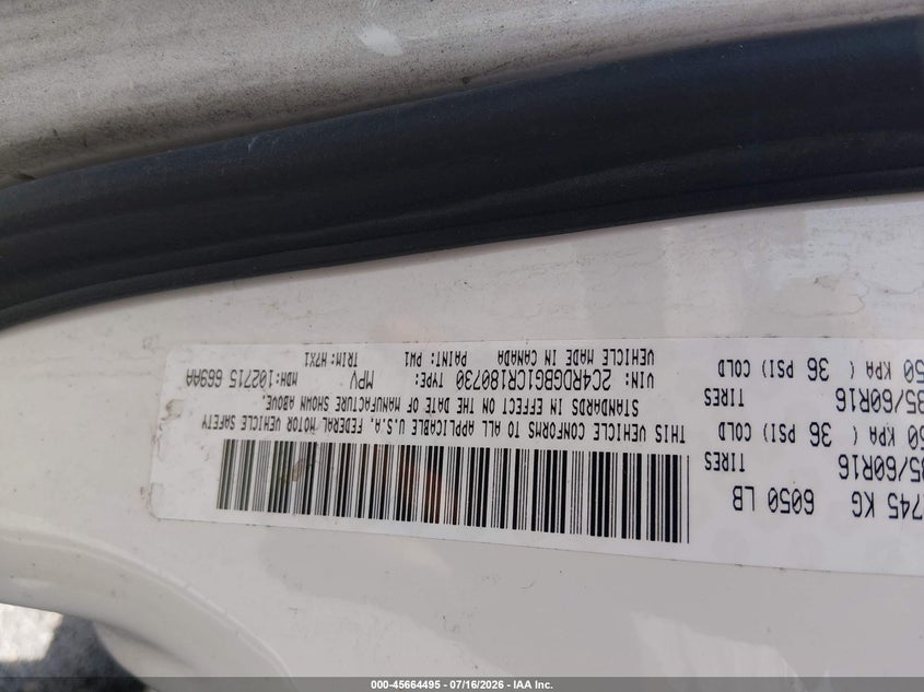 2012 Dodge Caravan VIN 2C4RDGBG1CR180730 IAAI salvage auction — NORMAL WEAR, Clear (Louisiana), sold $9,300 on 2026-07-29 (photo 9)