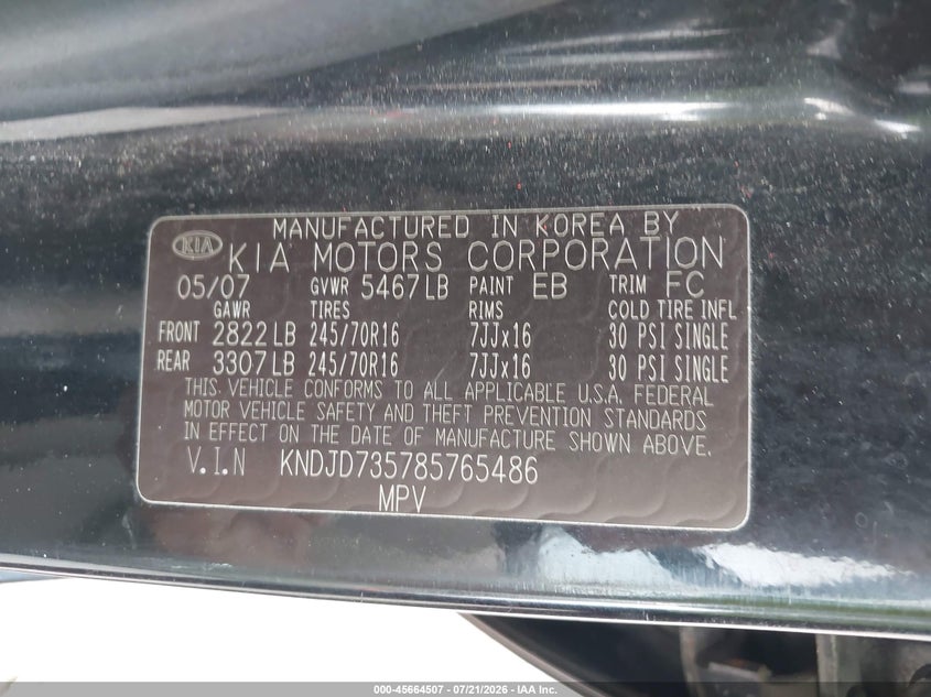 2008 Kia Sorento VIN KNDJD735785765486 IAAI salvage auction — NORMAL WEAR, Clear (Pennsylvania), sold $725 on 2026-07-28 (photo 9)