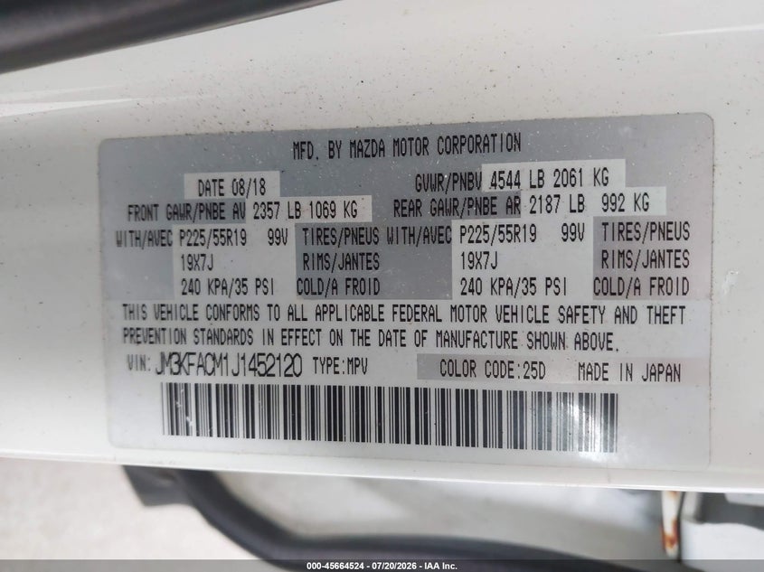 2018 Mazda Cx-5 VIN JM3KFACM1J1452120 IAAI salvage auction — REAR END, Rebuildable (Florida), sold $4,550 on 2026-07-26 (photo 9)