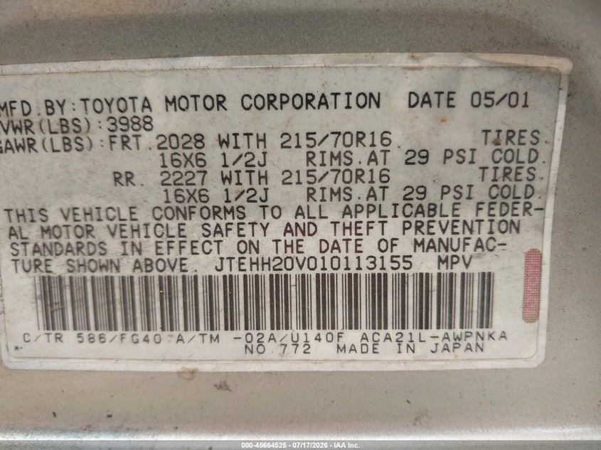 2001 Toyota Rav4 VIN JTEHH20V010113155 IAAI salvage auction — NORMAL WEAR, Clear (Maryland), sold $75 on 2026-07-23 (photo 9)