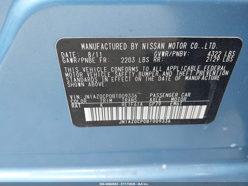 2011 Nissan Leaf VIN JN1AZ0CP0BT009336 IAAI salvage auction — NORMAL WEAR, Clear (Washington), sold $225 on 2026-07-22 (photo 9)