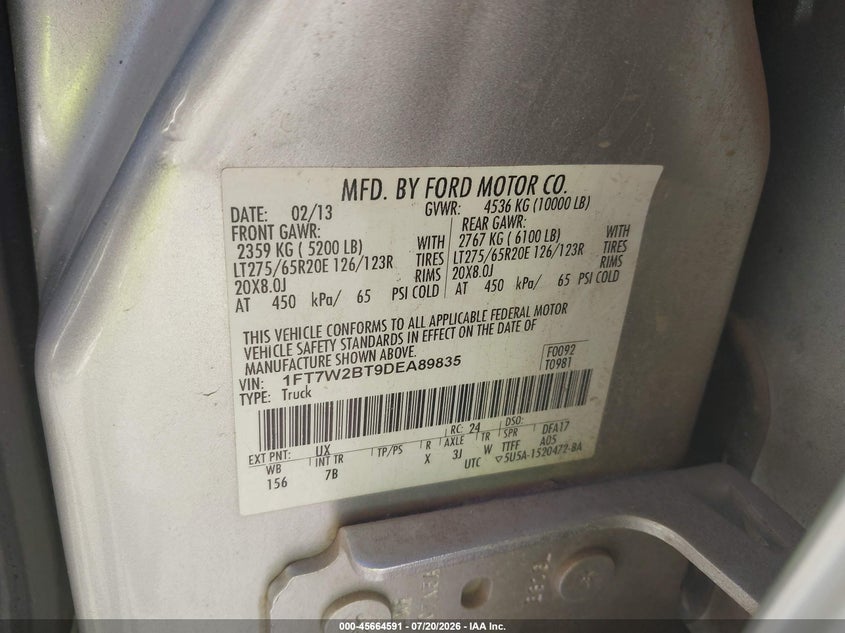 2013 Ford F250 VIN 1FT7W2BT9DEA89835 IAAI salvage auction — REAR END, Rebuildable (Florida), sold $3,300 on 2026-07-29 (photo 9)