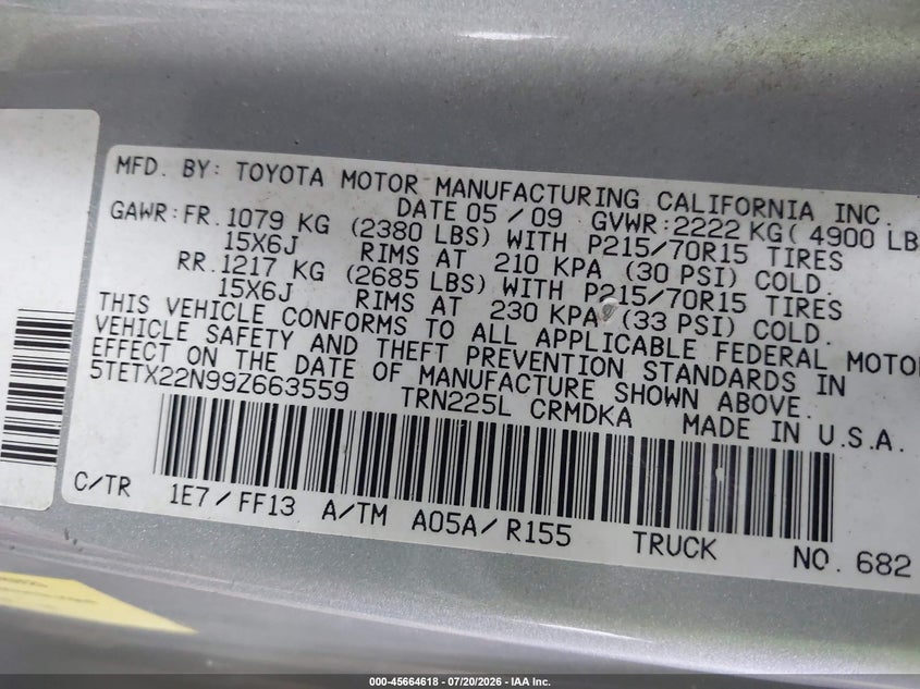 2009 Toyota Tacoma VIN 5TETX22N99Z663559 IAAI salvage auction — NORMAL WEAR, Clear (Virginia), sold $1,100 on 2026-07-23 (photo 9)