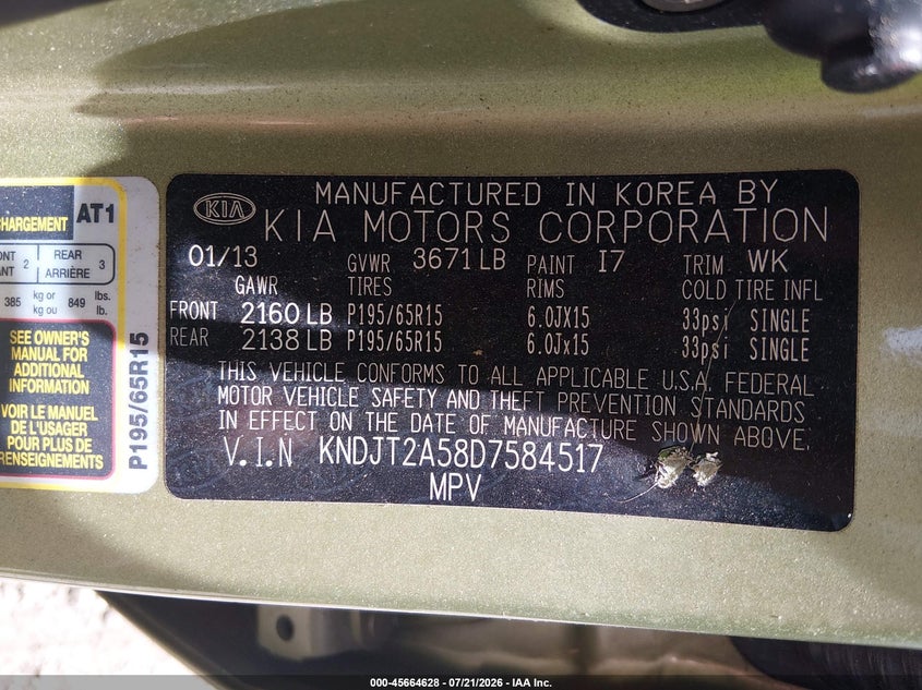 2013 Kia Soul VIN KNDJT2A58D7584517 IAAI salvage auction — NORMAL WEAR, Clear (Tennessee), sold $325 on 2026-07-24 (photo 9)