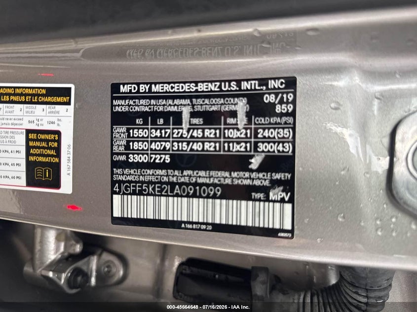 2020 Mercedes-benz Gls-klasse VIN 4JGFF5KE2LA091099 IAAI salvage auction — NORMAL WEAR, Original (Ohio), sold $23,700 on 2026-07-29 (photo 9)
