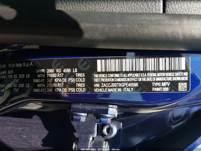 2016 Jeep Renegade VIN ZACCJBBT8GPE40596 IAAI salvage auction — FRONT END, Salvage Title, sold $425 on 2026-08-18 (photo 9)