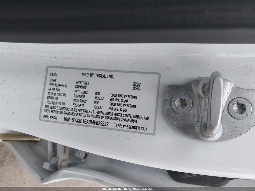 2021 Tesla Model 3 VIN 5YJ3E1EA0MF029222 IAAI salvage auction — NORMAL WEAR, Clear (Connecticut), sold $3,225 on 2026-07-30 (photo 8)