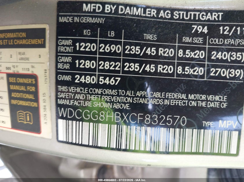 2012 Mercedes-benz Glk-klasse VIN WDCGG8HBXCF832570 IAAI salvage auction — VANDALISM, Salvage (Pennsylvania), sold $375 on 2026-07-31 (photo 9)