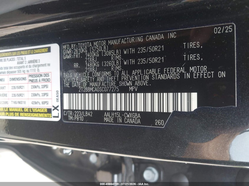 2025 Lexus Rx VIN 2T2BBMCA0SC077275 IAAI salvage auction — FRONT END, Salvage (Virginia), sold $22,600 on 2026-08-23 (photo 9)