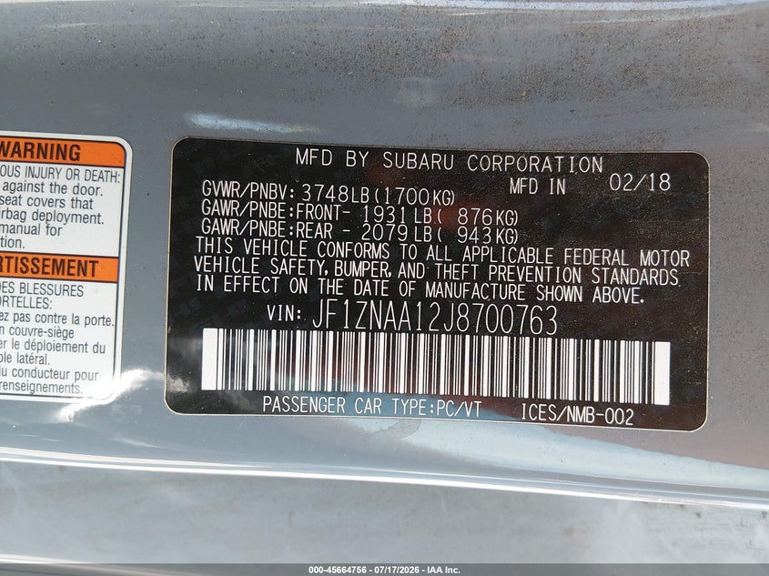 2018 Toyota Gt86 VIN JF1ZNAA12J8700763 IAAI salvage auction — FRONT END, Salvage Title, sold $3,200 on 2026-08-01 (photo 9)