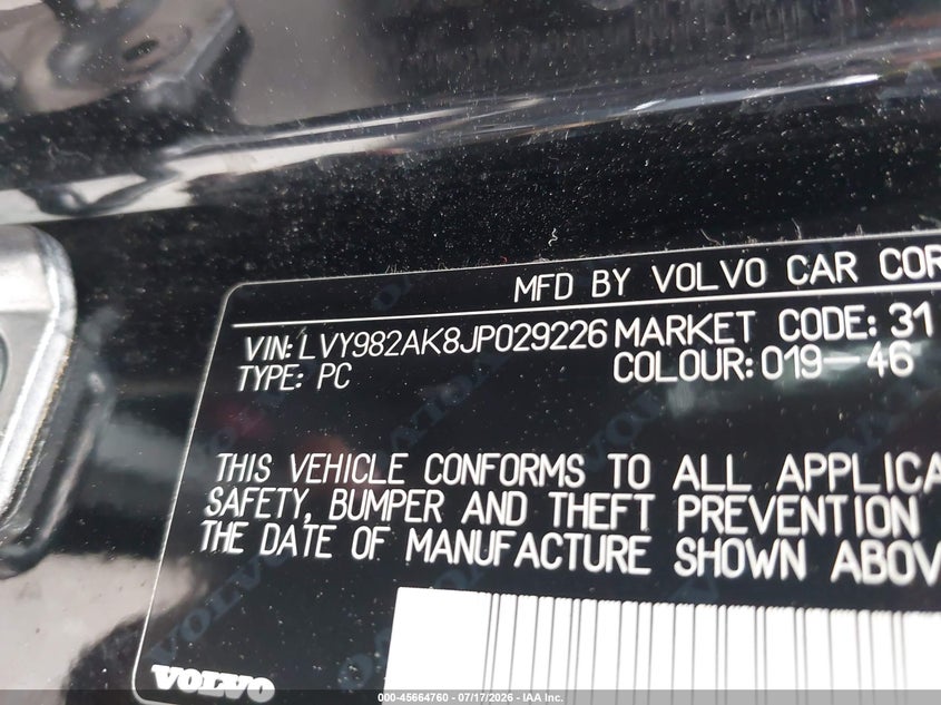 2018 Volvo S90 VIN LVY982AK8JP029226 IAAI salvage auction — NORMAL WEAR, Original (Texas), sold $1,100 on 2026-08-03 (photo 9)
