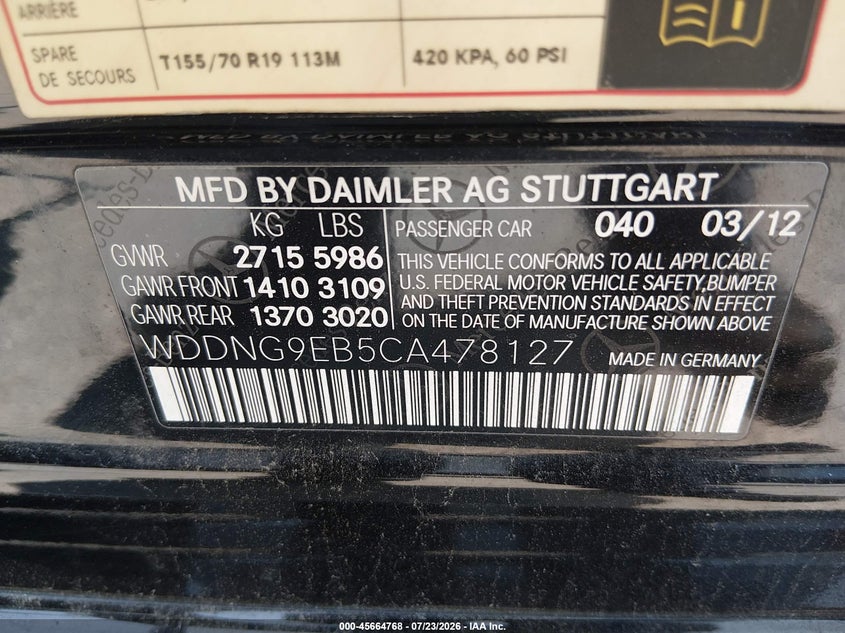 2012 Mercedes-benz S class VIN WDDNG9EB5CA478127 IAAI salvage auction — HAIL, Salvage (Connecticut), sold $1,650 on 2026-07-30 (photo 9)