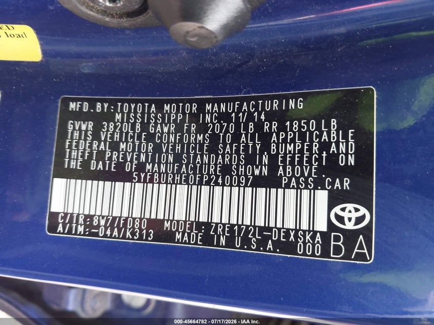 2015 Toyota Corolla VIN 5YFBURHE0FP240097 IAAI salvage auction — NORMAL WEAR, Original (Texas), sold $750 on 2026-07-28 (photo 9)