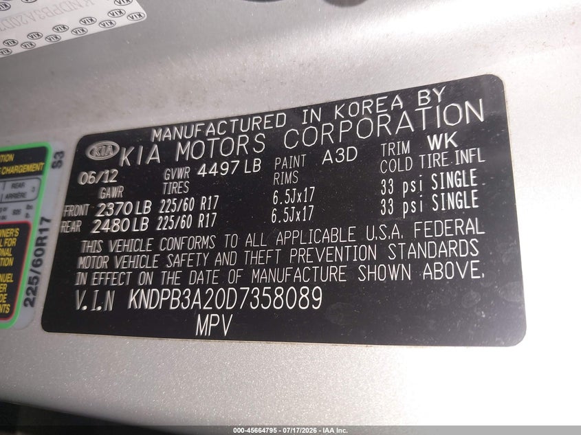 2013 Kia Sportage VIN KNDPB3A20D7358089 IAAI salvage auction — NORMAL WEAR, Salvage Title, sold $1,400 on 2026-07-29 (photo 9)
