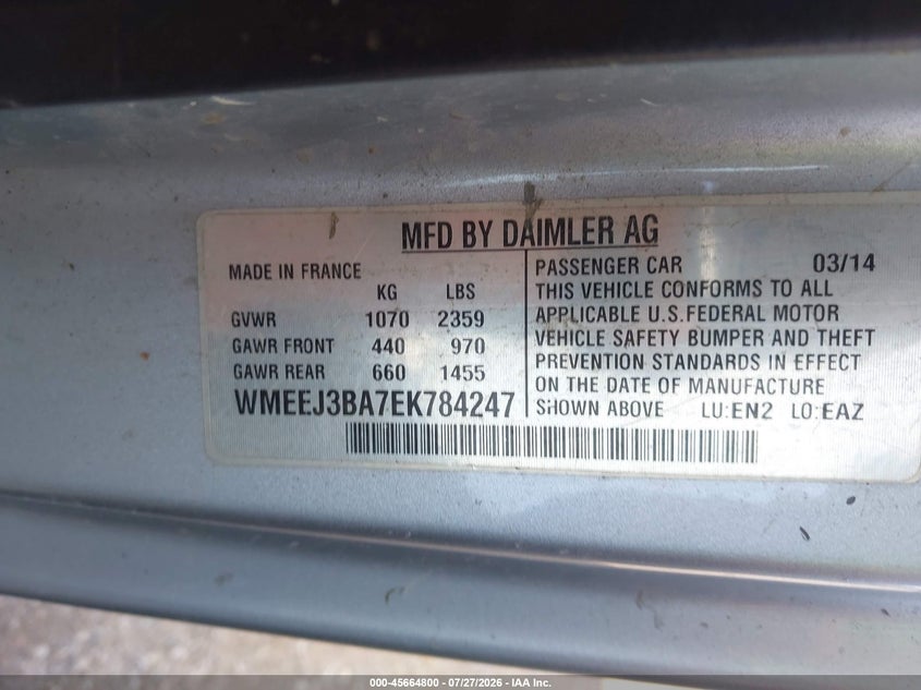 2014 Smart Fortwo VIN WMEEJ3BA7EK784247 IAAI salvage auction — NORMAL WEAR, Clear (Kansas), sold $550 on 2026-08-26 (photo 9)