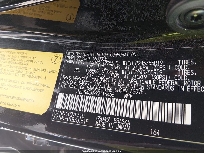 2009 Toyota Highlander VIN JTEES43A992116466 IAAI salvage auction — NORMAL WEAR, Clear (New Mexico), sold $250 on 2026-07-29 (photo 9)