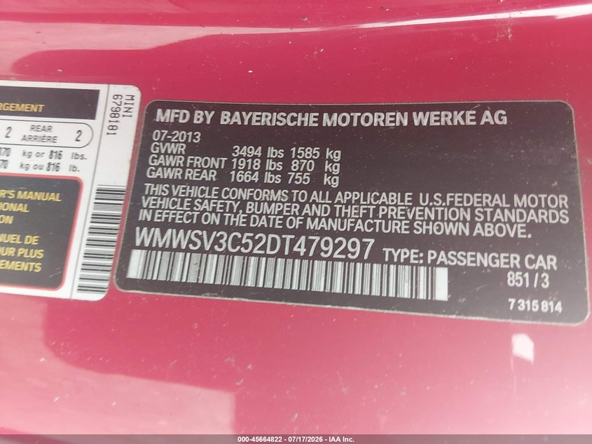 2013 Mini Hardtop VIN WMWSV3C52DT479297 IAAI salvage auction — NORMAL WEAR, Clear (Pennsylvania), sold $300 on 2026-07-22 (photo 9)