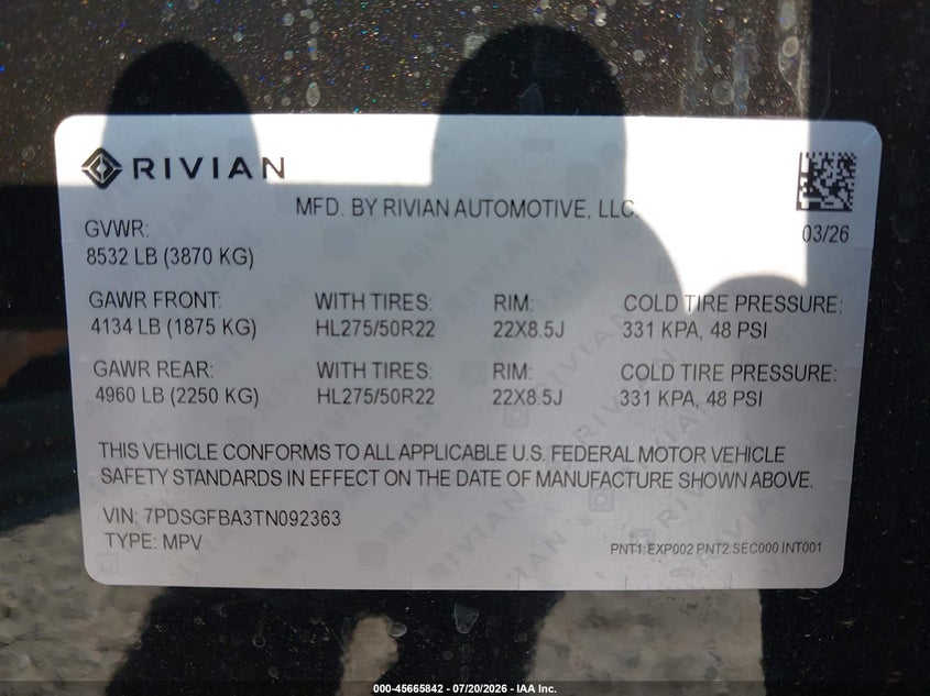 2026 Rivian R1s VIN 7PDSGFBA3TN092363 IAAI salvage auction — LEFT FRONT, Salvage (Ohio), sold $34,050 on 2026-09-03 (photo 9)
