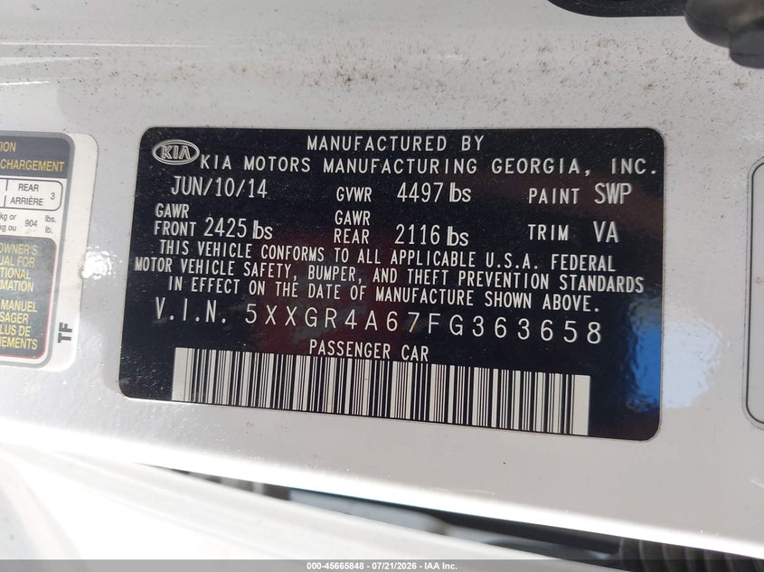 2015 Kia Optima VIN 5XXGR4A67FG363658 IAAI salvage auction — REAR END, Wait Title, sold $2,250 on 2026-08-01 (photo 9)