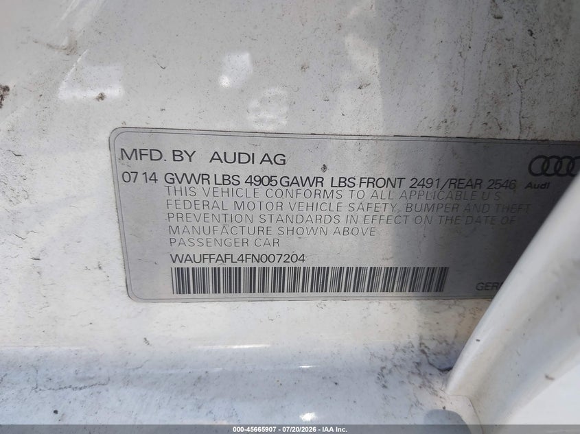 2015 Audi A4 VIN WAUFFAFL4FN007204 IAAI salvage auction — NORMAL WEAR, Clear (New Jersey), sold $575 on 2026-07-27 (photo 9)