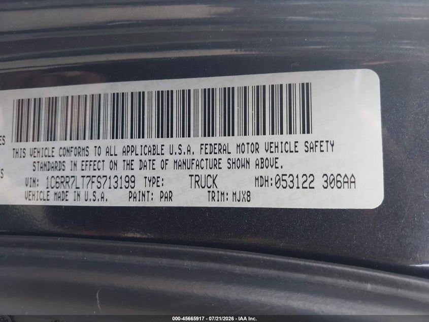2015 Ram 1500 VIN 1C6RR7LT7FS713199 IAAI salvage auction — FRONT END, Wait Title, sold $0 on 2026-09-30 (photo 9)
