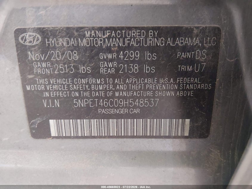 2009 Hyundai Sonata VIN 5NPET46C09H548537 IAAI salvage auction — NORMAL WEAR, Clear (Arizona), sold $675 on 2026-07-28 (photo 9)