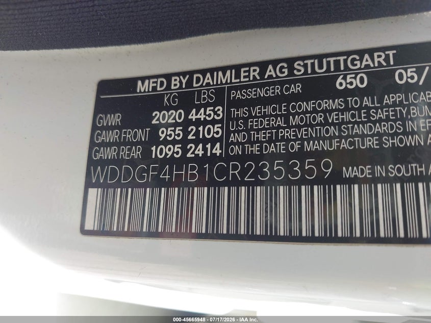 2012 Mercedes-benz C-klasse VIN WDDGF4HB1CR235359 IAAI salvage auction — FRONT & REAR, Mv-907A (New York), sold $475 on 2026-08-04 (photo 9)