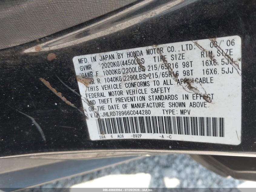 2006 Honda Cr-v VIN JHLRD78966C044280 IAAI salvage auction — NORMAL WEAR, Clear (New Jersey), sold $25 on 2026-07-29 (photo 9)