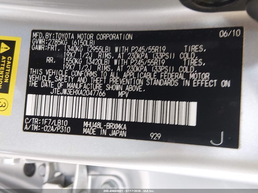 2010 Toyota Highlander hybrid VIN JTEJW3EHXA2047766 IAAI salvage auction — REAR END, Bill Of Sale (Washington), sold $3,750 on 2026-08-01 (photo 9)