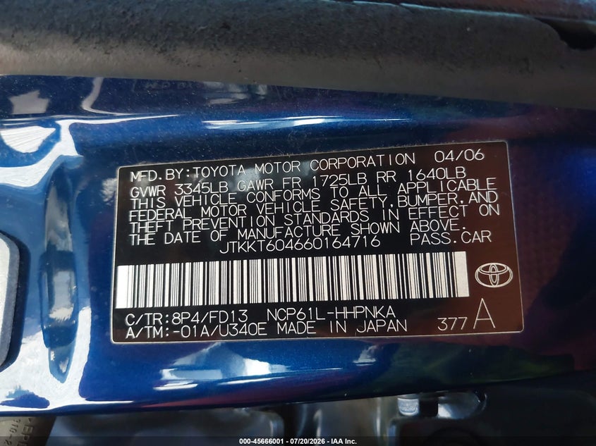 2006 Scion Xa VIN JTKKT604660164716 IAAI salvage auction — NORMAL WEAR, Clear (Pennsylvania), sold $25 on 2026-07-24 (photo 9)